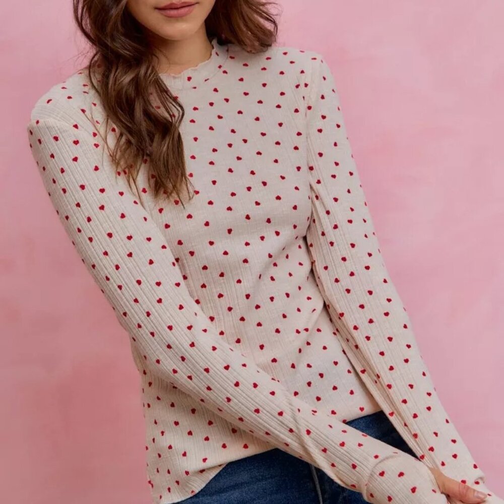 SO ME Ditsy Heart All Over Slub Rib Knit Valentine Top - Picture 3 of 7